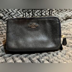 Coach Metallic Blue Pebbled Textured Leather Dual L Zipper Wristlet.